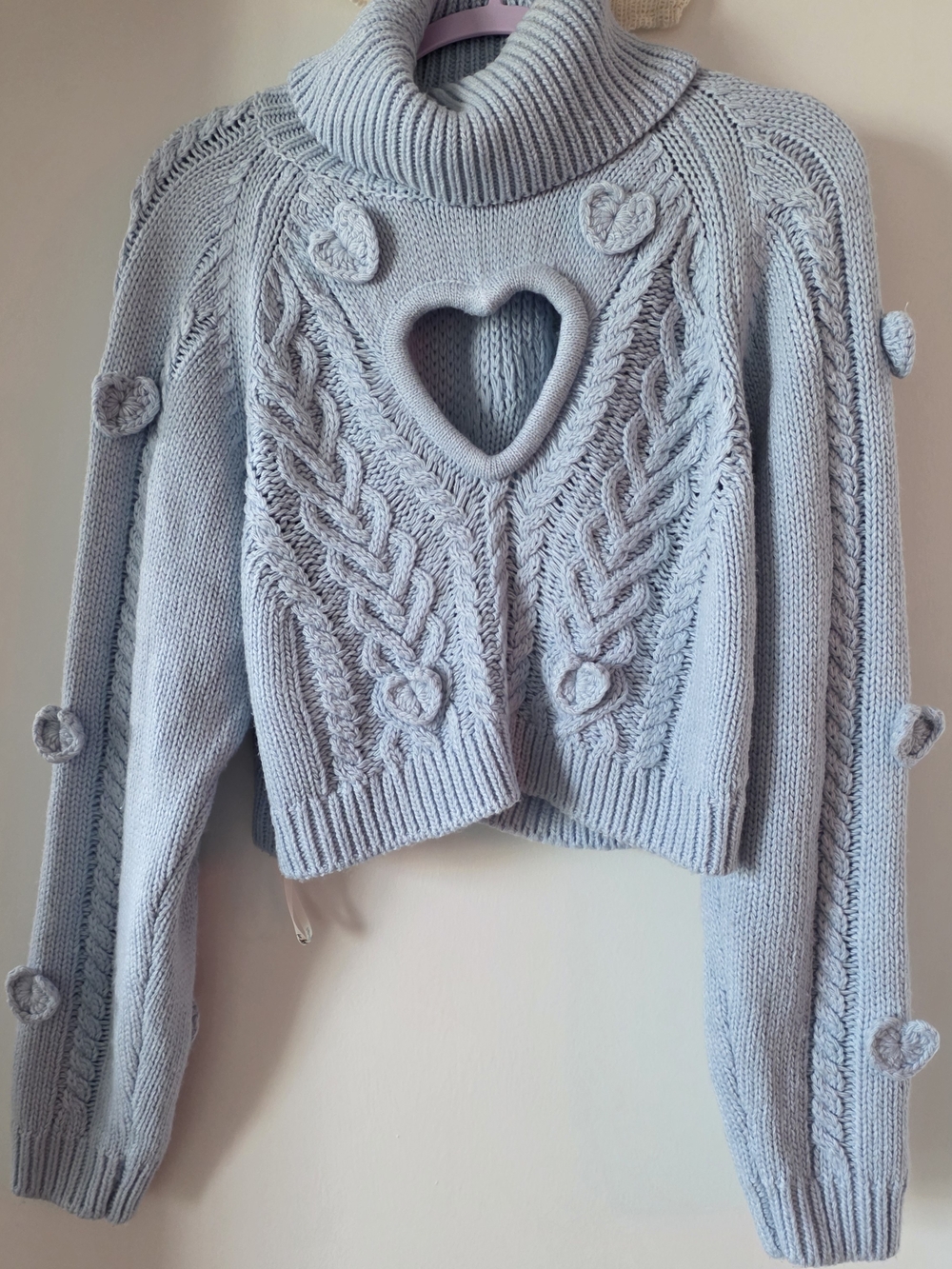 For Love & Lemons Light Blue Cropped Heart Sweater